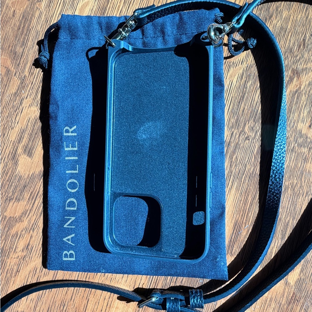 Bandolier Black Leather Phone Crossbody for iPhone 14 max pro. Black and gold. - Picture 2 of 2